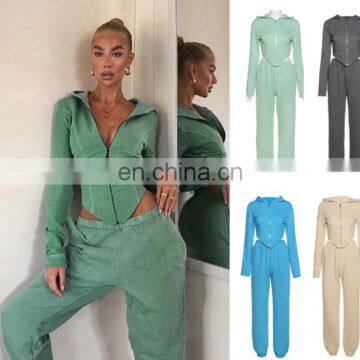 Women Sexy Long Sleeve Cardigan Hooded Top Jogger Pants Tracksuit Two Piece Set