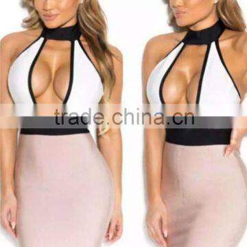 2016 hot selling sexy deep v neck sleeveless hollow out backless bodycon bandage dress