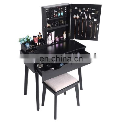 Vanity Makeup Table with Lockable Jewelry Cabinet Makeup Organizer Cushioned Stool 2 Sliding Drawers Makeup Desk with Drawer Bla