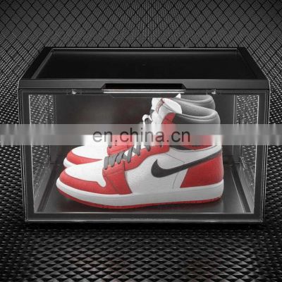 Nike acrylic clear shoe box led side open clear magnetic acrylic transparent acrylic shoe box with led lights stackable lid