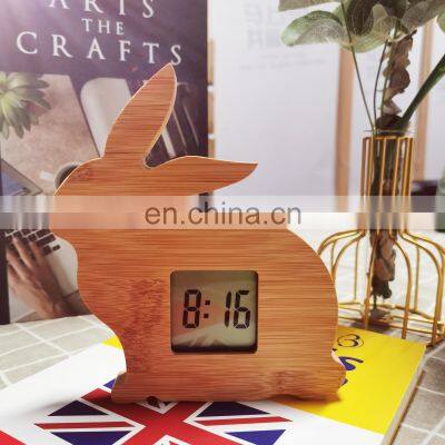 Wholesale Animal Design Rabbit Shape Natural Wooden LED Electronic Digital Alarm Clock