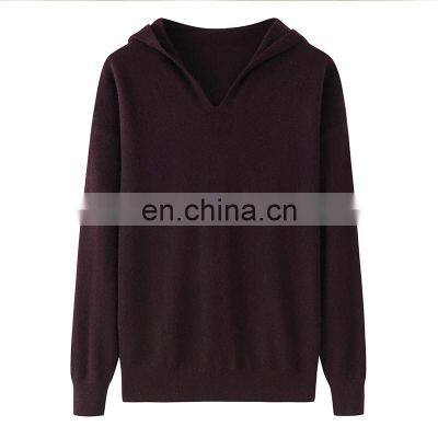 Custom Logo Women's Winter Pullover Hoodie 100% Cashmere Solid Pattern Knitted Casual Style with Front Logo