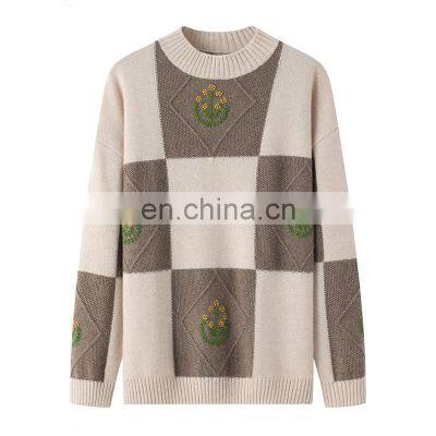 Winter Casual Crew Neck Pullover 100% Cashmere Sweater with Plaid Pattern and Floral Embroidery