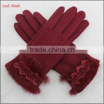 Ladies Cheap Spring Driving Red Micro Velvet Hand Gloves With Rabbit Fur photo-5