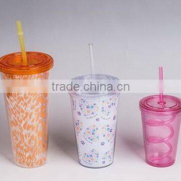 16oz PS Double Wall Reusable Plastic Cup With Lid and Straw