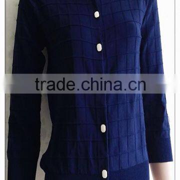 Simple fashion knitting wear dark blue plaid chiffon OL cardigan
