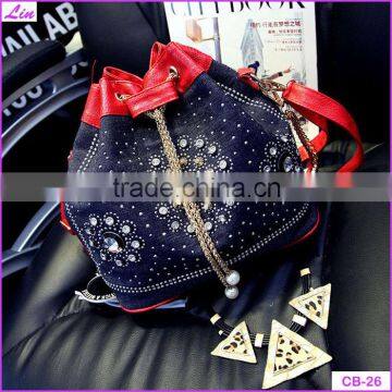 2016 Vintage Denim Canvas Diamond Weave Women Bag Women Messenger Bags Shoulder Cross Chain Bucket Bag