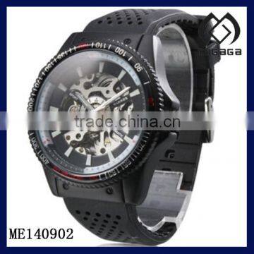 Mens Auto-Mechanical Skeleton Black Rubber Band Analog Sport Wrist Watch