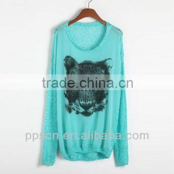 2015 new arrival tiger print chiffion joint knitting latest sweater designs for girls,sequin new design girl sweater wholesale