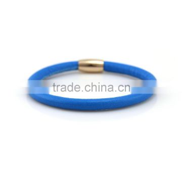 Blue genuine sheep leather bracelet sheepskin stainless steel buckle bangle with gold pating