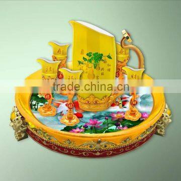 Yellow Colored Ceramic Wine Cup With a Pot Suit On Metal Base