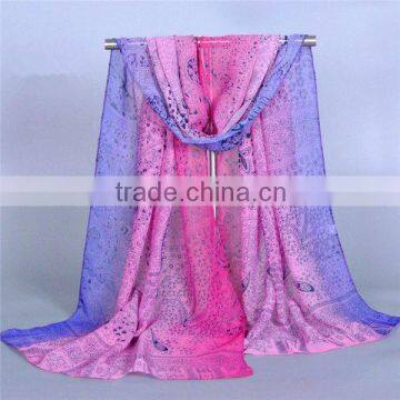 Long Soft Women Blue Chiffon Scarves Peony Peafowl Wrap 100 silk satin square scarf