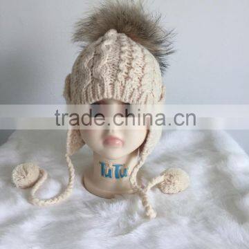 Fashion Fur Pompom Wool Hats Winter Kids Knitted Hats With Fur Pompom