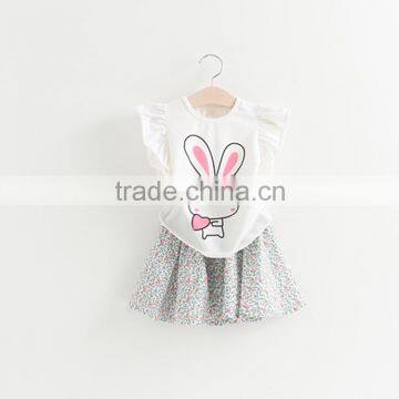 Lovely Cartoon Rabbit Printing Cotton Children Floral Skirt and T-shirt Suit