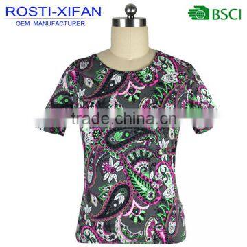 Women Fashion Flower Printed Jersey Round Neck T Shirt with Short Sleeve