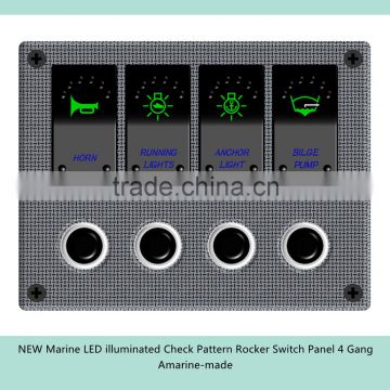 NEW Marine LED illuminated Check Pattern Rocker Switch Panel 4 Gang