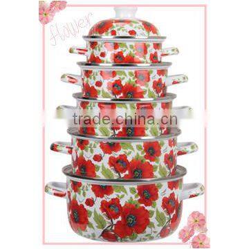 Customized Design Full Red Flower Decal Cookware Set Enamel Pot Set 5 Pcs Stew Pan Soup Stock Pot
