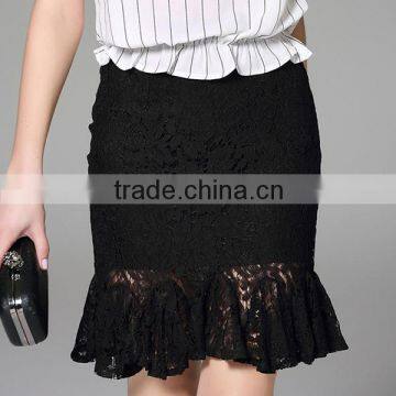 2016 Summer Elegant Sexy Lady See Through Midi Skirts High Waist Ruffle Slim Black Lace Women Skirt