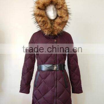 Women Faux Fur Trim Hood Puffy Quilted Waterproof Long Down Coat