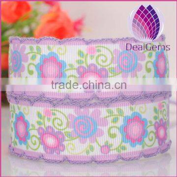 25mm width flower pattern satin ribbon with lacework