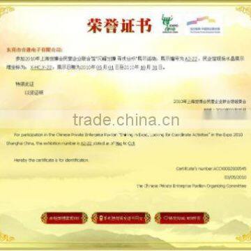 2010 World Expo Honor Certificate