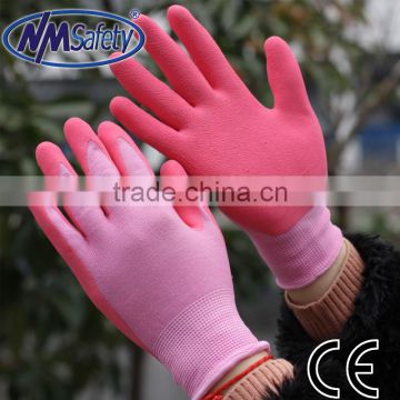 NMSAFETY 13 gauge pink color gardening glove foam latex coated work glove