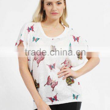 Oversized butterfly print white t shirt ,2015 new design t shirt,short sleeve printed rhinestone t shirt