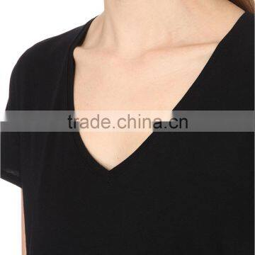 Wholesale Women Black Short Sleeve V-neck Marl Finish Cotton Jersey T-shirt(DQE0157T) photo-5