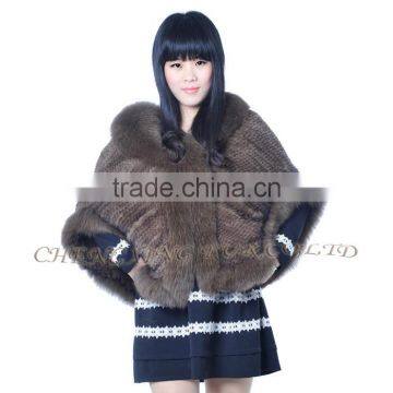 CX-B-M-99A In-stock Item Wholesale Knitted Genuine Fox Fur Trim Mink Fur Shawl Coat photo-6