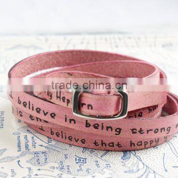 words/text engraved leather wrap bracelet, custom logo hand-stamped leather bracelet, adjustable long leather wrap bracelet