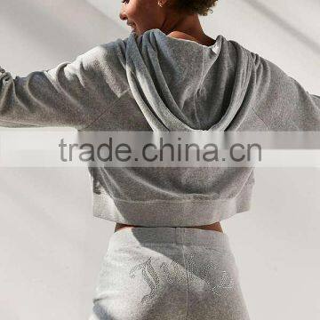 Grey Cropped Zip Hoodie Jacket Printing Long Sleeve 100% Cotton Terry Sweatshirt Loose Women's Hoody Sportswear photo-4