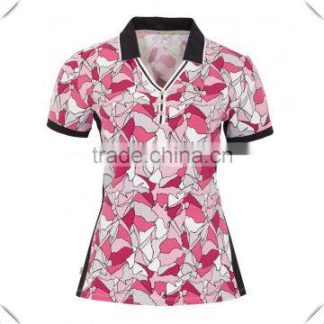 China manufacturer Wholesale Fancy sublimation printing ribbing V polo neck Ladies Printed Golf Polo Shirt Pink