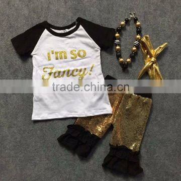 2016 new Girls Spring design short sleeves I'm so fancy shirt gold sequins capris with matching headband and necklace set