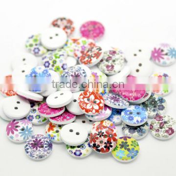 Mixed Multicolor Flower 2 Holes Round Wood Painting Sewing Buttons 15mm(5/8")