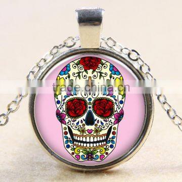 XP-TGN-S-124 Factory Price Silver Colorful Vintage Meaningful Skull Dome Cabochon Necklace For Promotional Gift