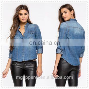 wholesale cheap long sleeves women faded wash denim shirt