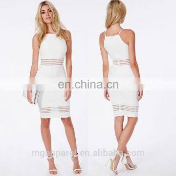 hot sales summer sexy strappy mesh detail white bodycon midi dress