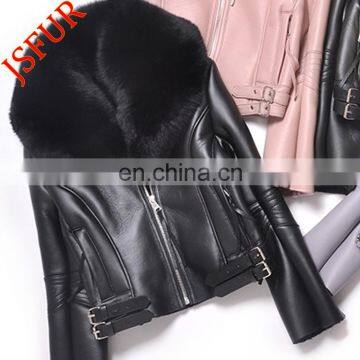 Cool sheep shearing leather fur bomber jacker with fur collar