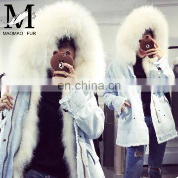 Custom Made Design Cheap Winter Woman Genuine Raccoon Fur Denim Coat Wholesale Fur Coats