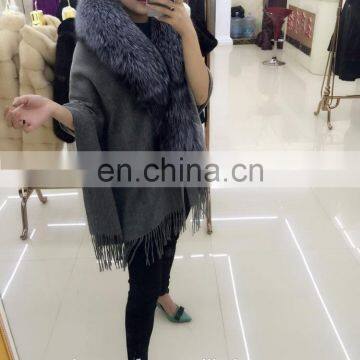 100% real thick pashmina shawl large fur cape with fox fur collar