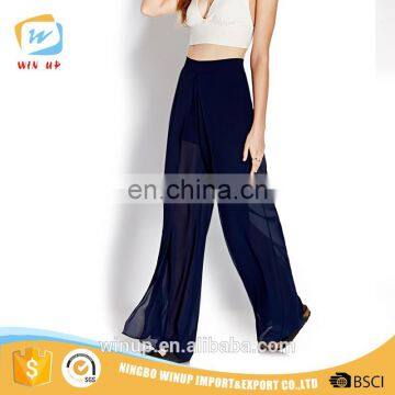 Ladies Casual Pleated be Seen Layered Wide Leg Loose Cheap Chiffon Palazzo Pants photo-3