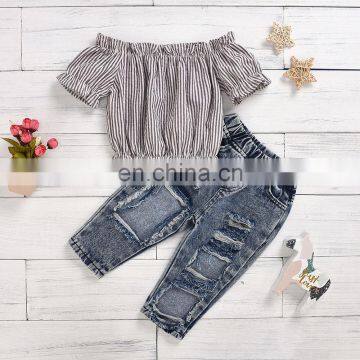 Pure cotton stretch shoulder stripe blouse  denim ripped pants suit 2pcs beautiful Baby Girl boutique summer suit