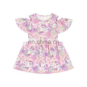 Pink Infant And Toddler Flower Printing Girl Unicorn Flutter Dress Boutique Quality Kids Clothes Girl Dress