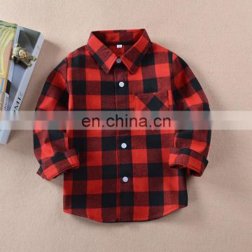 Christmas Boy Girl T-shirt Grid Tops Autumn Winter Children Red Long sleeve Tees Holiday Kids Clothing