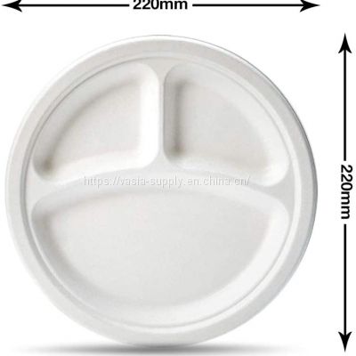 9 Inch Heavy-Duty Plates Low Price Package 100% Compostable 500 Pack 3 Compartment Eco-Friendly Disposable Sugarcane Pulp Bagasse Plates