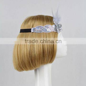 Halloween/Christmas Custom White Flapper Sequin Elastic Feather & Flower Headband photo-5