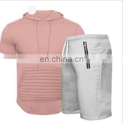 Amazon summer new European and American men's solid color hooded casual sports short-sleeved shorts suit factory wholesale