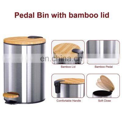 Entry-level Basic 3L 5L 12L 20L 30L Stainless Steel Round Pedal Bin Bamboo Lid Soft Close Inner Bucket Home Bathroom Kitchen photo-2