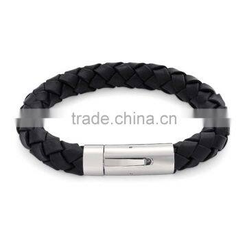 Mens Black Braided Leather Bracelet With Stainless Steel Magnetic Clasp