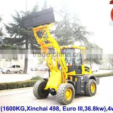 Hydraulic 1.6ton mini wheel loader,4wd with CE,49.3HP,wider tyre,cabin,adjustable steering,3-way pilot control